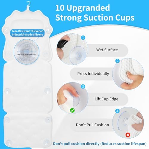 Full Body Bath Pillow for Bathtub, Spa Tub Cushion with 10 Suction Cups - 4D Air Mesh Quick-Dry Bathtub Pillow for Head, Neck & Back Support - Includes Laundry Bag