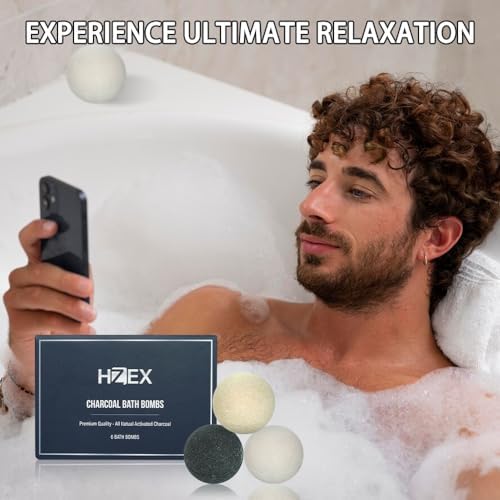 Bath Bombs, HZEX 6 Large Natural Luxury Charcoal Bathbomb Fizzes for Men Women, Organic Bath Bomb with Essential Oils and Shea Butter, Stress Relief and Relaxation, Detox with Charcoal Bathbombs
