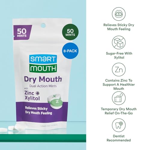 SmartMouth Dry Mouth Dual-Action Mints - Sugar-Free Breath Mints - 50 Count, 8 Pack, Mellow Mint