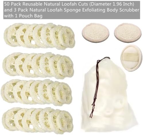 50Pcs Natural Loofah Slice of 1.96inch, Reusable Natural Loofah Cuts for Cleaner Sponge Scrubber, Facial Soap Holder and DIY Customize Soap Tools, with 3Pcs Exfoliating Loofah Pad and 1 Storage Bag
