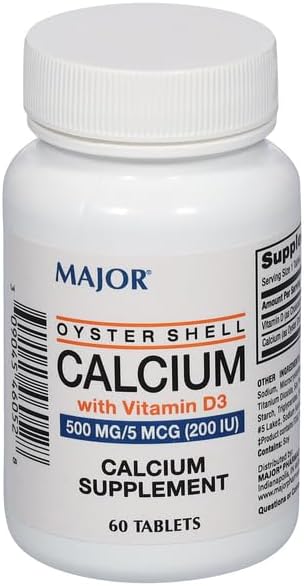 Major Oyster Shell Calcium with Vitamin D3 500 mg / 5 mcg (200 IU) - Calcium Supplement - 60 Tablets