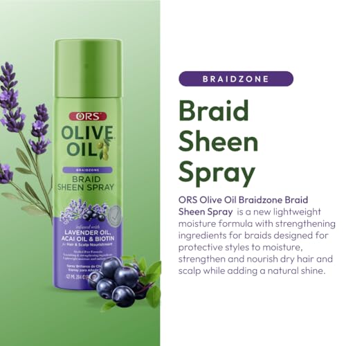 ORS Olive Oil Braidzone Braid Sheen Spray with Lavender, Acai & Biotin for Hair & Scalp Nourishment 10 Ounces (1)