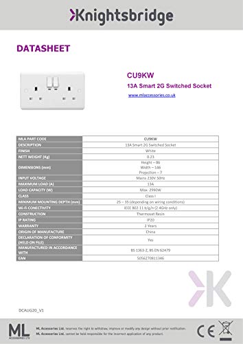 Knightsbridge CU9KW Smart Twin Socket - WiFi No hub Required, white, Curved Edge
