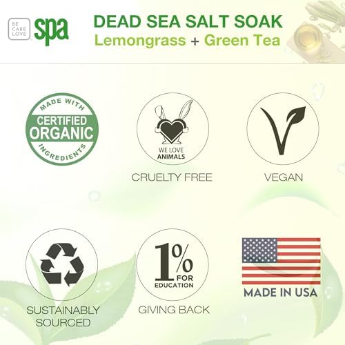 BCL SPA Dead Sea Salt Soak - Bath Salt with Organic Lemongrass + Green Tea, Shae Butter, Arnica, Aloe Vera Juice, Chamomile, Argan Oil & Jojoba Oil - Skin Exfoliator - Home/Professional Use 16 fl oz