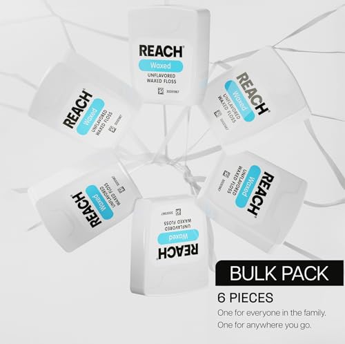 REACH Waxed Dental Floss, Unflavored, Plaque Remover for Teeth, Shred Resistant, Floss Slides Smoothly, Easy to Use, Waxed, Deep Cleaning Teeth, Oral Care, PFAS Free, for Adults & Kids, 6 Pack, 55 yd