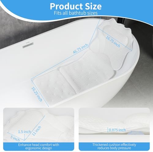 Full Body Bath Pillow for Bathtub, Spa Tub Cushion with 10 Suction Cups - 4D Air Mesh Quick-Dry Bathtub Pillow for Head, Neck & Back Support - Includes Laundry Bag