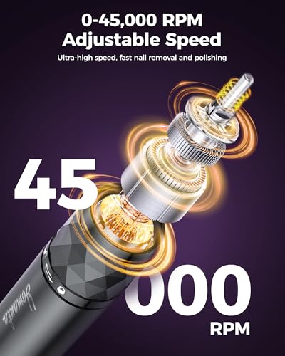 Electric Nail Drill Professional Kit: 45,000 RPM USB Rechargeable Efile Nail Drill Nail File with 12 Bits for Polishing Gel/Acrylic Nails- Portable Manicure Tool Set for Salon/Home-Black