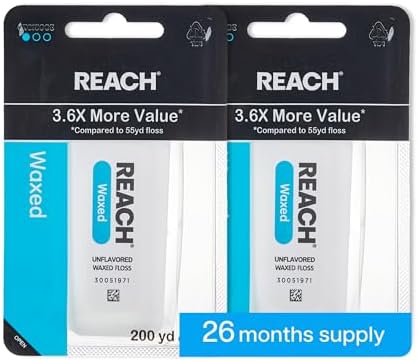 REACH Waxed Dental Floss, Unflavored, 3.6X More Value, Plaque Remover for Teeth, Shred Resistant, Floss Slides Smoothly, Easy to Use, Waxed, Oral Care, PFAS Free, for Adults & Kids, 2 Pack, 200 yd