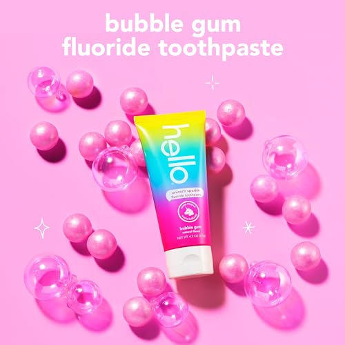 hello Unicorn Sparkle Kids Fluoride Toothpaste, Natural Bubble Gum Flavor, ADA Approved, Ages 2+, No Artificial Sweeteners, No SLS, Gluten Free, Vegan, Pack of 3, 4.2 oz Tubes