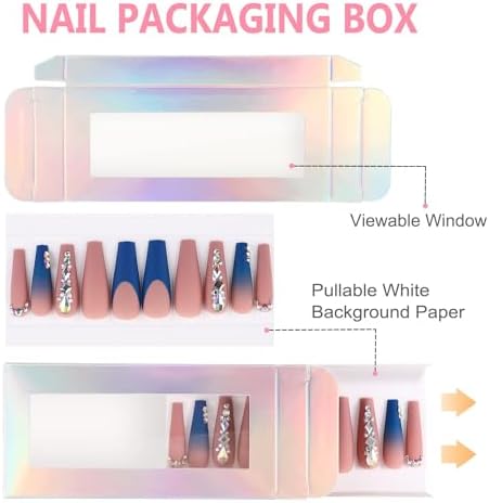 Noverlife 30PCS Empty Press on Nail Package with 30PCS Pullable White Paper Trays, False Nail Packaging Box with Clear Window, Nail Tip Package Boxes for Nail Salon Bussiness - Holographic