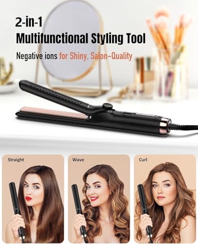 360° Airflow Styler Curling Iron, 2 in 1 Hair Straightener and Curler with Vented Cool Air to Lock in Style, 1.25 Inch Extra Long Flat Iron Curling Iron in One, Dual Voltage for Travel, LCD Display