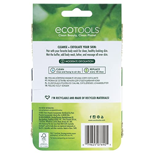 EcoTools Exfoliating Body Buffer, for Body Cleansing, Designed with Strap, Sustainable and Vegan Body Scrubber, 4 Count (Pack of 1)