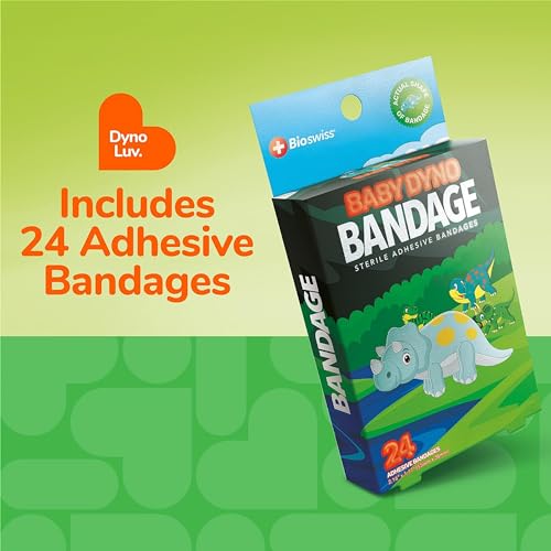BioSwiss Bandages, Baby Dino Shaped Self Adhesive Bandage, Latex Free Sterile Wound Care, 24 Count