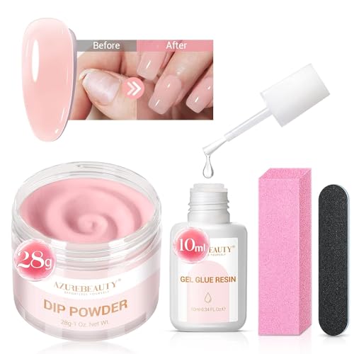 AZUREBEAUTY Nail Repair Kit for Broken Cracked Split Weak Nails, Emergency Easy Quick Fix Crystal Jelly Pink Transparent Dip Powder 28g /1 Oz Quick-Drying Repair Glue 10ml with Nail File & Nail Buffer