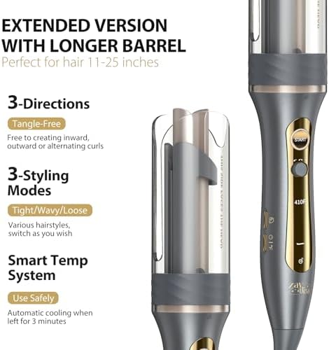 Automatic Rotating Curling Iron, Zavarea 1 Inch Beach Waves Curling Wand with Extra Long Barrel, Self Hair Curler with Tangle-Free & Negative Ions, Easy to Use, Dual Voltage, Elegant Gray