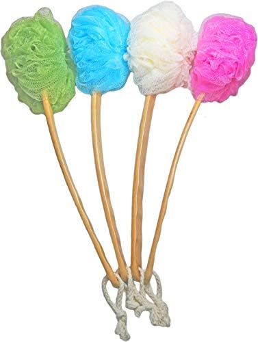 4 Pack Shower Loofah Body & Back Scrubber - Exfoliating Loofah luffa loofa Bath Brush On a Stick - with Long Wooden Handle Back Brush for Men & Women - Easy Reach Body Wash & Lotion Applicator