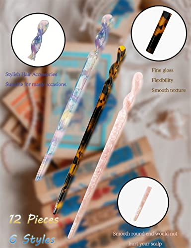 Acetate Tortoise Shell Hair Sticks - Leopard Print Hair Pins, 12 Pieces for Long Hair - Chinese Hair Styling Accessories for Women & Girls