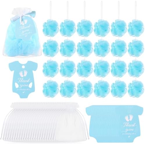 24 Sets Baby Shower Favors for Guests Include Bath Sponge Loofahs, Thank You Cards, White Organza Bags for Baptism Baby Shower Gender Reveal Birthday(Blue)
