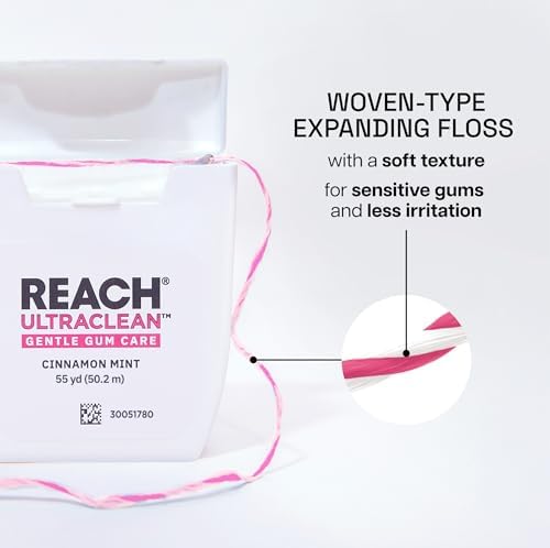 REACH ULTRACLEAN Gentle Gum Care Expanding Floss – Woven, Non-Waxed, PFAS-Free with Vitamin E, for Sensitive Gums, Cinnamon Mint 55YD (3-Pack)