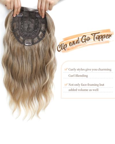 PANEWAY Hair Topper 16Inch Hair Toppers For Women Wavy Curly Brown Blonde with Dark Root Clip In Hair Topper Add Hair Volume Synthetic Wiglets Hair Pieces For Women