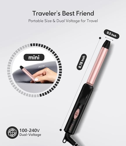 Travel Size Curling Iron Dual Voltage, Mini Curling Iron for Short Hair with 1/2 Inch Barrel, Ceramic Mini Hair Curler with Keratin&Argan Oil Infused, Travel Hair Curler with Storage Bag