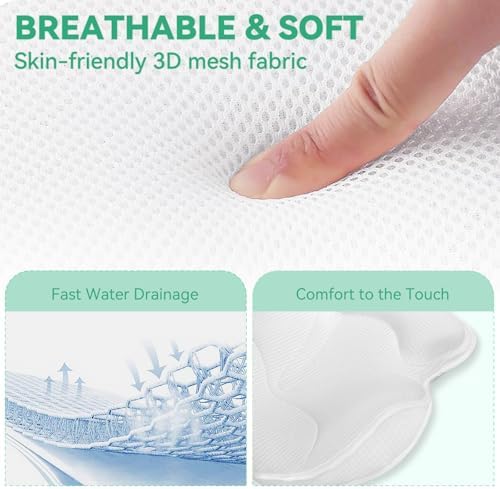 Bath Pillows for Tub - Luxury Bathtub Pillow Neck, Head, Back Support, Soft 4D Mesh Fabric and Non-Slip Suction Cups & Quick Dry, Fits All Tubs, Bath Soaking Accessories Spa Gifts, White