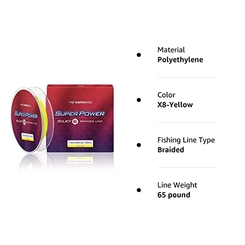 KastKing Superpower Silky8 Braided Fishing Line, Yellow, 8 Strand, 65LB, 150Yds