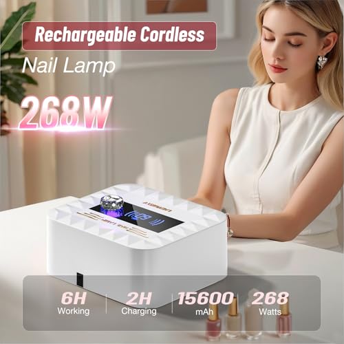 268W UV Nail Lamp Cordless, LadyMisty UV Light for Gel Nails with Convenient Knob, Dual Light Source Precise Curing & LCD Display Screen, Portable Wireless Nail Lamp, Fast Curing for Nail Salon & Home