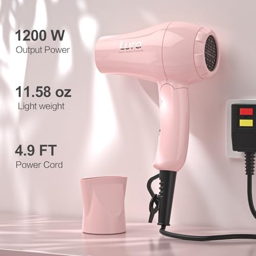 Foldable Travel Hair Dreyr Mini:Dual Voltage Lightweight Blow Dryer with Pouch,1200w Compact Pink Small Hair Dryer for Acrylic Paint Pouring(Light Pink)