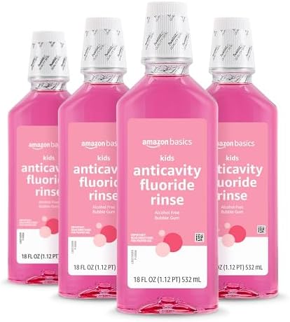 Amazon Basics Kids Mouthwash with Fluoride, Anticavity, Alcohol-Free Bubble Gum, 18 fl oz (Pack of 4)