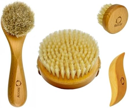 4pcs Dry Brushing Body Brush Set for Lymphatic Drainage-Natural Bristle Dry Skin Brush +Facial Dry Brush for Face+Dry Skin Exfoliating Scrubber+Wood Therapy Massage Tool. Gua Sha, Anti-Cellulite.