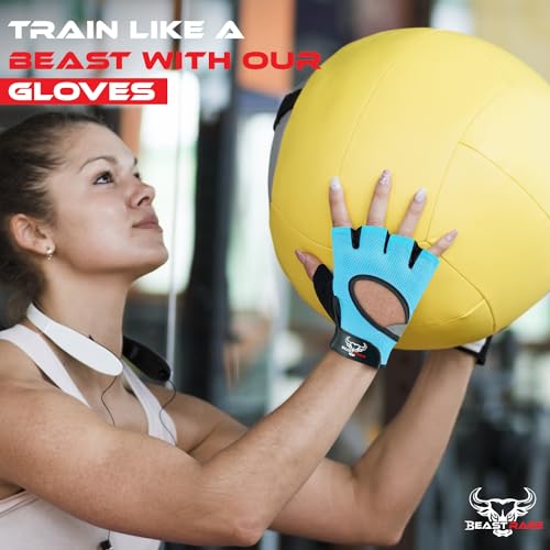 BEAST RAGE Workout Gloves for Men and Women, Fingerless Weight Lifting Gloves with Palm Protection Padding, Breathable and Lightweight Gym Gloves for Weightlifting, Cycling Pull Up (Aqua, XS)