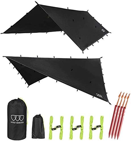 Gold Armour Rainfly Tarp Hammock, Premium 14.7ft/12ft/10ft/8ft Rain Fly Cover, Waterproof Ultralight Camping Shelter Canopy, Survival Equipment Gear Camping Tent Accessories (Black 10ft x 10ft)