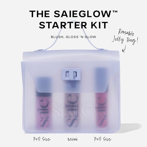 Saie SaieGlow Starter Makeup Kit - Glowy Super Gel in Roseglow, Dew Blush in Baby, and Glossybounce Lip Gloss in Play - Summer Essentials Makeup Set in a Mini Reusable Jelly Travel Bag (3 Count)