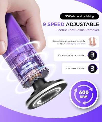 Electric Callus Remover for Feet, Portable 1800mAh Rechargeable, 1-9 Adjustable Speed Settings, Electric Foot File for Stable Pedicure, Nail Care, Home and Travel Use