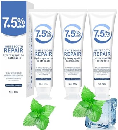 3 Pcs 7.5% Hydroxyapatite Toothpastes for Enamel Protection and Tooth Strengthening, Stain Removal, Whitening Tooth, Gentle Mint, Fresh Breath, Daily Use for Oral Health