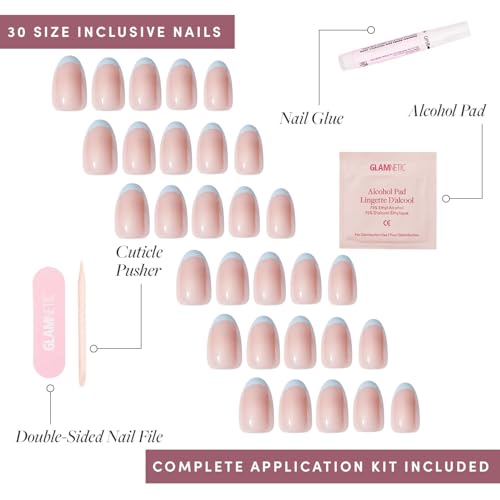 Glamnetic Press On Nails - Into Blue | Glazed Short Oval Fake Nails with Periwinkle French Tips, Reusable Summer Nails | 15 Sizes - 30 Nail Kit with Glue