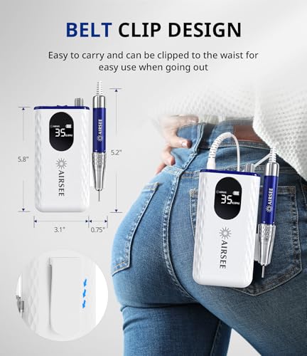 AIRSEE 35000 RPM Professional Electric Rechargeable Nail Drill File Machine for Acrylic Extension Gel Dip Powder Powerful Cordless Portable Efile 56 Sanding Bands 7 Bits LCD Scrn Salon Manicure Use G7