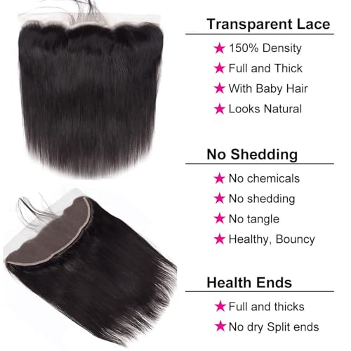 13x4 Lace Frontal Closure Straight Human Hair Ear to Ear HD Lace Frontal Closure Free Part Brazilian Straight Hair Extensions 150% Density Lace Frontal Human Hair Pre Plucked with Baby Hair 10 Inch