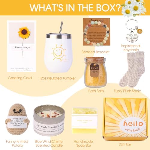 Birthday Gifts for Women - Sunshine Cheer Up Gift Box for Her, Unique Self Care Relaxation Set, Get Well Soon Gift Baskets for Mom, Sister, Best Friend, Coworker, Female, Bestie