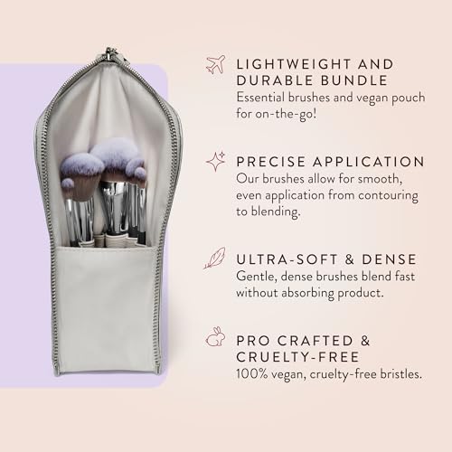 BK BEAUTY BRUSHES - ANGIE HOT & FLASHY Travel Brush Set with Pouch - Foundation Makeup Brushes - Brush for Liquid or Cream Foundations - Under-Eye Concealer | Bronzer, Blush & Highlighter Makeup Brush