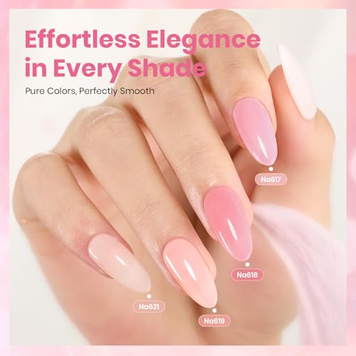 Beetles Nude Pink Gel Nail Polish Set, 6 Colors Hema Free Light Pink Jelly Gel Polish Translucent 15ML Full Size Nail Concealer High Gloss Soak Off UV Salon Spring Colorful Bottle Gel Gift for Women