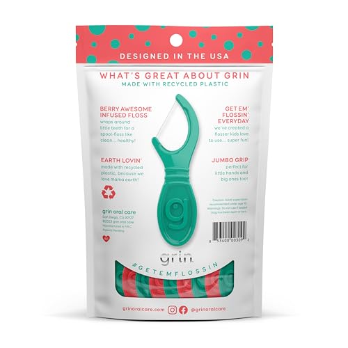 GRIN Kiddo Flossers, Berry Awesome Flavor, Recycled Plastic, Jumbo Grip, Get Your KIDDOS Flossin’ Early, Larger Floss Head, Child Safe! 80 Count, Floss Picks, Dental Flossers