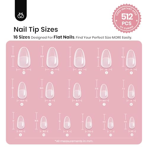 Beetles Tipex Instant Apex Nail Tips Short Oval, 512Pcs 16 Sizes Pre-Building & Pre-Etched Gel Nail Tips Thicker Acrylic Nails Strong Full Cover False Nail Extension Press-on Nails