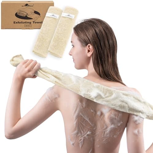 myHomeBody Exfoliating Washcloths for Showering, Loofah Body Scrubber Exfoliator, Back Shower Towel, Bath Washer for Exfoliation, Cream, Set of 2