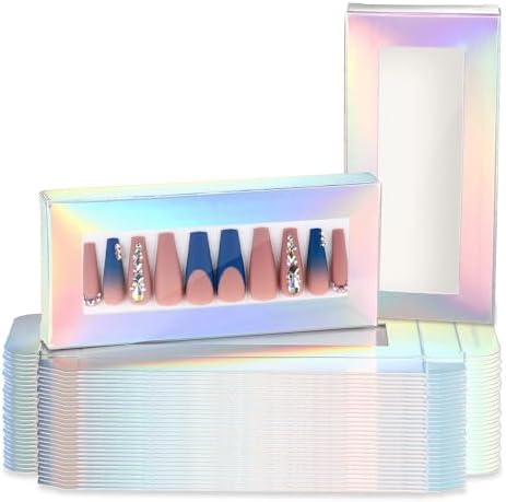 Noverlife 30PCS Empty Press on Nail Package with 30PCS Pullable White Paper Trays, False Nail Packaging Box with Clear Window, Nail Tip Package Boxes for Nail Salon Bussiness - Holographic