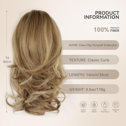 14 Inch Blonde Ponytail Extension - Wavy Pony Tails Hair Extensions, Claw Clip Ponytail Extension, Synthetic Hair Extensions Ponytail, Clip on Ponytails for Women (Dark Blonde With Beige Highlights)