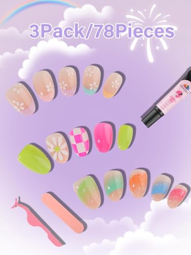 78PCS Press on Nails for Kids, TOROKOM Cute Kids Fake Nails Flower Kid Glue on Nail Short Almond False Nail Art Gift for Girls Children 8-12 Age with Nail Adhesive Tab & Quick-dry Nail Glue (3 Pack)
