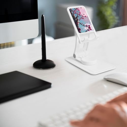 Small Pink Flowers Cell Phone Stand 360° Adjustable Foldable Desktop Phone Holder Cradle Compatible with Most Mobile Phones White