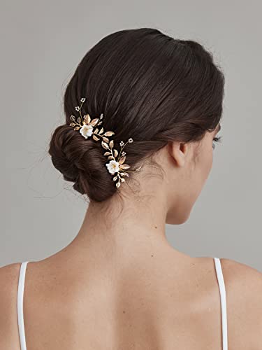 SWEETV 2Pcs Bridal Hair Accessories,Gold Wedding Hair Pins Pieces With White Flowers for Brides